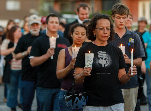 Trent Nelson  |  The Salt Lake Tribune
Marchers walk and carry candles in memory of Matthew Stewart, Wednesday June 5, 2013 in Ogden.