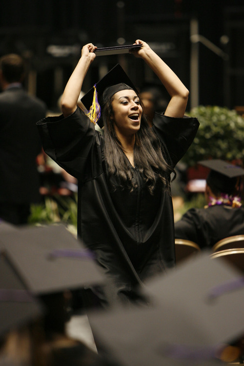 Francisco Kjolseth  |  The Salt Lake Tribune
Jaimee Leigh Huff, 18, expresses her excitement after receiving her diploma during graduation ceremonies for Horizonte Instruction and Training Center at the Huntsman Center on the University of Utah campus on Wednesday.