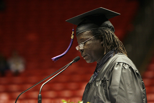 Francisco Kjolseth  |  The Salt Lake Tribune
Horizonte High student speaker Adam Tong, a refugee from South Sudan speaks about becoming the first educated member of his family and his desire to become a lawyer to help them out during graduation ceremonies at the Huntsman Center on the University of Utah campus on Wednesday.