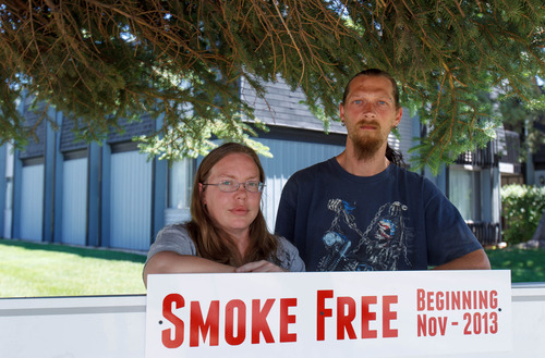 Trent Nelson  |  The Salt Lake Tribune
Tenants of the Skyline View Apartments were recently given six months to either stop smoking or move out because beginning in November smoking will not be allowed in the buildings or anywhere on the grounds. Randy Batchelor and his fiancee Brandy Dreeszen are smokers who have lived at Skyline View for eight years and are unhappy with the new edict that will force them out.