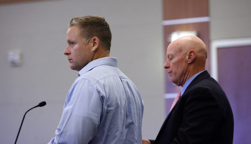 Francisco Kjolseth  |  The Salt Lake Tribune
Brandon Babcock, left, appears in 3rd District Court in West Jordan for a pretrial conference on Monday, June 10, 2013, alongside his attorney James Haskins. The Utah chiropractor is accused of bilking the elderly through a scheme to cure their diabetes.