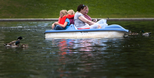 Steve Griffin | The Salt Lake Tribune


Megan Hill, right, her daughters Brinnley and Karli, back of boat, and Liz Leary beat the heat as they paddle with the ducks on the Liberty Park pond in Salt Lake City, Utah Monday June 10, 2013. The boats can be rented at the pond.