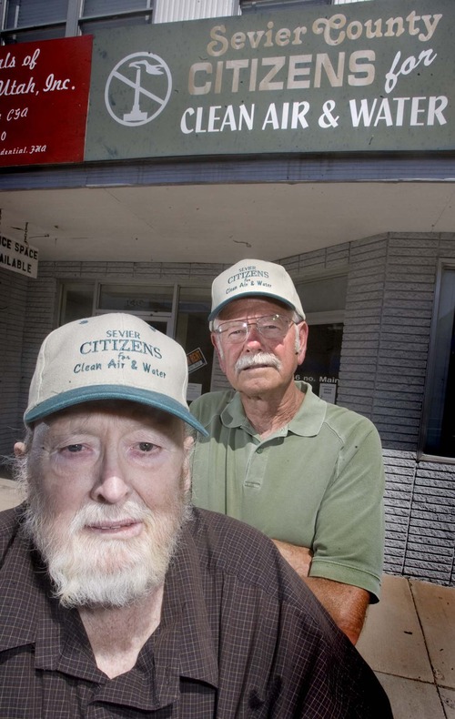 Tribune file photo
Dick Cumiskey, right, is pressing local officials to demand an air quality study before the state approves a proposed gas-fired power plant in Sevier County near the town of Sigurd. Cumiskey is shown in the 2009 photo with anti-pollution activist Jim Kennon outside the office they used to wage a years-long battle against the previously planned coal-fired plant. Kennon is deceased.