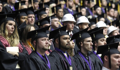 Al Hartmann  |  The Salt Lake 
Weber State University graduates fill the Dee Event Center in April. Utah will have to significantly ramp up the number of gradutes to meet its goal of having 66 percent of residents with postsecondary credentials by 2020.