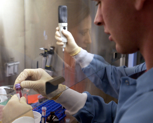 Chris Dea and Rebecca Jensen (reflected) work with blood samples at Myriad Genetics, a local company that helped analyze DNA to help identify victims of the 9-11 attacks. Photo by Trent Nelson. 09.05.2002, 10:32:22 AM