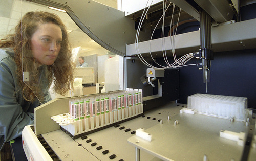 Terri Scholl, of Myriad Genetics, watches as a robot arm removes DNA material from from containers submitted to the lab from the World  Trade Center .   photo by Paul Fraughton. 10/04/2001