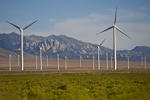 Chris Detrick  |  The Salt Lake Tribune
Wind turbines at the Milford Wind farm in Beaver and Millard Counties Tuesday June 11, 2013. There are 165 total wind turbines with a capacity of 306 megawatts.