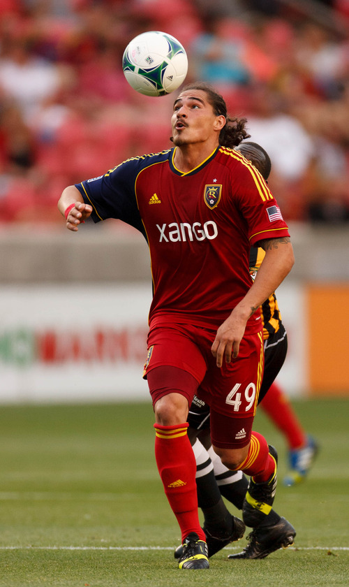 Trent Nelson  |  The Salt Lake Tribune
Real Salt Lake's Devon Sandoval with his eye on the ball as Real Salt Lake hosts Charleston Battery in the US Open Cup Wednesday June 12, 2013 at Rio Tinto Stadium in Sandy, Utah.