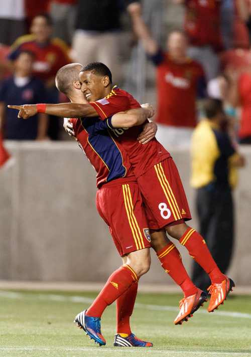 Trent Nelson  |  The Salt Lake Tribune
Real Salt Lake's Joao Plata is lifted up by Chris Wingert after scoring a second half goal as Real Salt Lake hosts Charleston Battery in the US Open Cup Wednesday June 12, 2013 at Rio Tinto Stadium in Sandy, Utah.