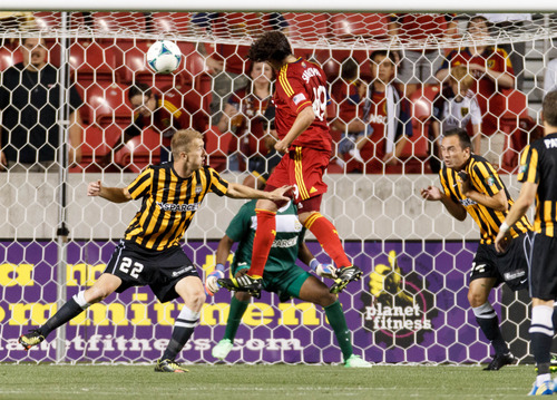 Trent Nelson  |  The Salt Lake Tribune
Real Salt Lake's Devon Sandoval heads in a goal in the first overtime period as Real Salt Lake hosts Charleston Battery in the US Open Cup Wednesday June 12, 2013 at Rio Tinto Stadium in Sandy, Utah.