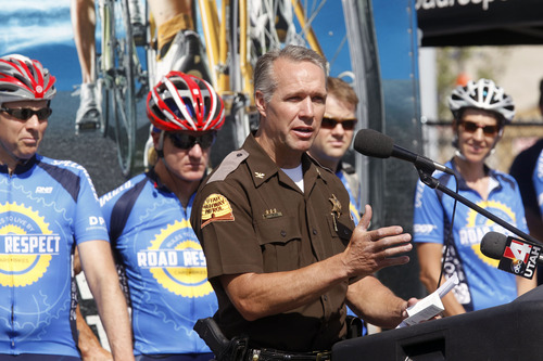 Al Hartmann  |  The Salt Lake Tribune
UHP Supervisor Col. Daniel Fuhr speaks to group of dedicated bike riders at UTA's Salt Lake Central station Thursday June 13 to launch a statewide tour to try to improve road safety for bicyclists.