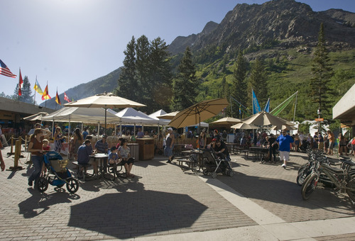 Rick Egan  | The Salt Lake Tribune 

Hundreds gather at the Snowbird Plaza to enjoy the Father's Day BBQ  and Brewfest at Snowbird, Sunday, June 16, 2013.