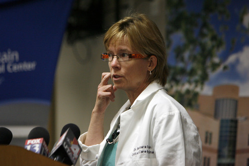Francisco Kjolseth  |  The Salt Lake Tribune
Dr. Barbara Kerwin, ICU medical director at McKay-Dee Hospital, talks about the entry of the bullet to the head of James Evans who, had he not turned his head, could have been injured much worse. Evans, who was shot in the head during Sunday services, is recovering at the hospital.