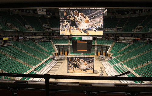 Rick Egan  | The Salt Lake Tribune 

A mock-up of the new Jazz video screen at EnergySolutions Arena, Monday, June 17, 2013.