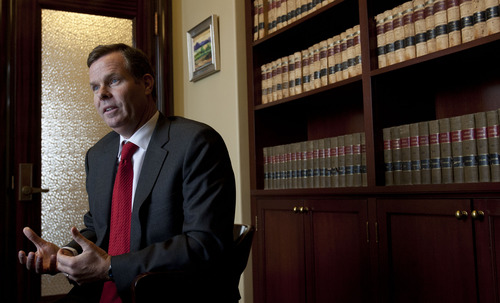 Steve Griffin | The Salt Lake Tribune

John Swallow, Chief Deputy Utah Attorney General, and newly elected Utah Attorney General, in the attorney general's offices at the Utah State Capitol Building in Salt Lake City, on Dec. 3, 2012. Swallow intends to follow Mark Shurtleff's policies toward polygamy. Sexual abuse and fraud will be prosecuted, but not bigamy itself.