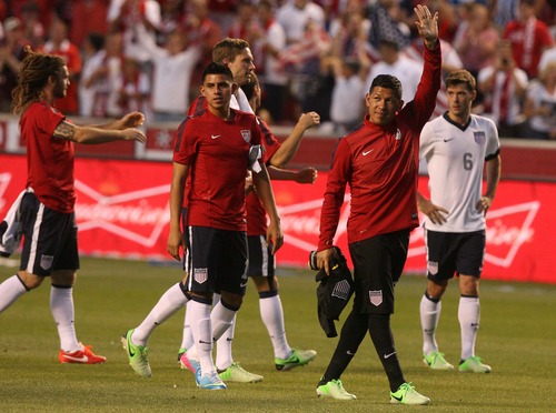 Leah Hogsten  |  The Salt Lake Tribune
Nick Rimando (22) of the U.S. celebrates the win with his teammates as they walk the field thanking the sold-out crowd. USA defeated Honduras 1-0 during their World Cup soccer qualifying rematch Tuesday, June 18, 2013 at Rio Tinto Stadium.
