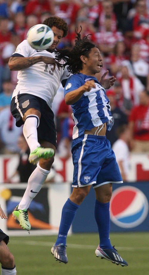 Leah Hogsten  |  The Salt Lake Tribune
Jermaine Jones (13) of the U.S. and Honduras' Roger Espinoza (15) take a header. USA defeated Honduras 1-0 at the half during their World Cup soccer qualifying rematch Tuesday, June 18, 2013 at Rio Tinto Stadium.