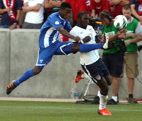 Leah Hogsten  |  The Salt Lake Tribune
Honduras' Jose Valasquez (5) kicks from behind Josy Altidore (17) of the U.S.. USA defeated Honduras 1-0 at the half during their World Cup soccer qualifying rematch Tuesday, June 18, 2013 at Rio Tinto Stadium.