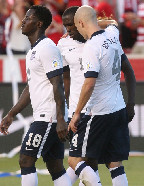 Leah Hogsten  |  The Salt Lake Tribune
Josy Altidore (17) of the U.S. is congratulated by teammate Michael Bradley (4) of the U.S.  for the game winning goal. USA defeated Honduras 1-0 at the half during their World Cup soccer qualifying rematch Tuesday, June 18, 2013 at Rio Tinto Stadium.