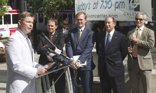 Al Hartmann  |  The Salt Lake Tribune
Jonathan Johnson, chairman of the Salt Lake Chamber of Commerce's Clean Air Task Force left, speaks at a press conference in downtown Salt Lake City Wednesday June 19.  Utah Governor Gary Herbert, Salt Lake County Mayor Ben McAdams, UTA General Manager Mike Allegra, and Salt Lake City Mayor Ralph Becker joined with Utah business to issue the fifth annual Clear the Air Challenge to encourage Utahns to reduce air pollution by driving less and using mass transit more.