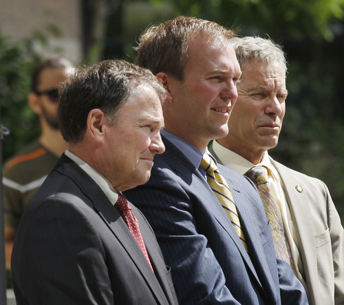 Al Hartmann  |  The Salt Lake Tribune
Utah Governor Gary Herbert, left, Salt Lake County Mayor Ben McAdams, and Salt Lake City Mayor Ralph Becker attend a press conference in downtown Salt Lake City Wednesday June 19 to issue the fifth annual Clear the Air Challenge to encourage Utahns to reduce air pollution by driving less and using mass transit more.