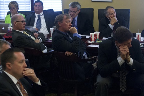 Chris Detrick  |  The Salt Lake Tribune
House Republicans listen as Legislative General Counsel John Fellows talks about the possibility of impeaching Attorney General John Swallow in the Utah House Republican caucus room Wednesday June 19, 2013.