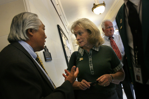 Scott Sommerdorf   |  The Salt Lake Tribune
Rep. Curt Oda, R-Clearfield, speaks with Eagle Forum founder Gayle Ruzicka at the entrance to the hallway leading to the Republican caucus room at the Capitol building, Wednesday, June 19, 2013. Utahns gathered at the Capitol Rotunda in a show of solidarity to protest alleged corruption in the attorney general's office as House Republicans meet to discuss possible impeachment proceedings against John Swallow.