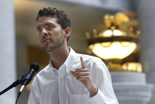 Scott Sommerdorf   |  The Salt Lake Tribune
Isaac Holyoak speaks at a rally in the Capitol Rotunda in a show of solidarity to protest alleged corruption in the attorney general's office as House Republicans meet to discuss possible impeachment proceedings against John Swallow, Wednesday, June 19, 2013.