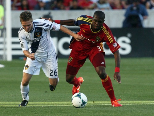 Kim Raff  |  The Salt Lake Tribune
(left) Los Angeles Galaxy midfielder Michael Stephens (26) and (right) Real Salt Lake defender Kwame Watson-Siriboe (3) compete for the ball during a game at Rio Tinto Stadium in Salt Lake City on June 8, 2013.  Real Salt Lake went on to win the game 3-1.