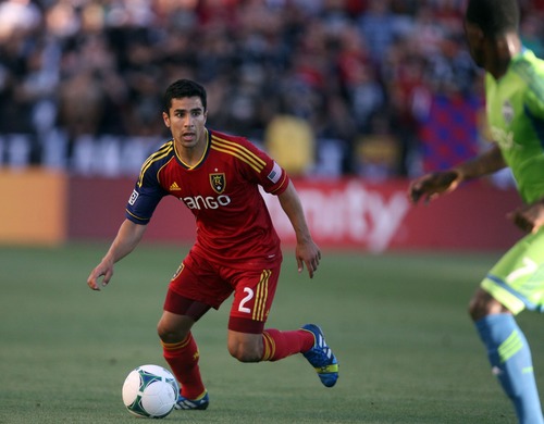 Kim Raff  |  The Salt Lake Tribune
Real Salt Lake defender Tony Beltran (2) looks to pass the ball during the first half against the Seattle Sounders FC at Rio Tinto Stadium in Sandy on June 22, 2013. Real went on to win the game 2-0.