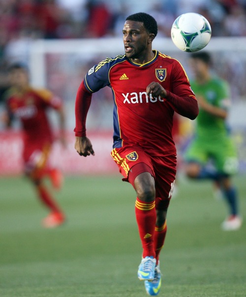 Kim Raff  |  The Salt Lake Tribune
Real Salt Lake forward Robbie Findley (10) chases a ball down the field towards the Seattle Sounders FC goal during the first half at Rio Tinto Stadium in Sandy on June 22, 2013. Real went on to win the game 2-0.