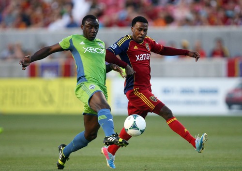 Kim Raff  |  The Salt Lake Tribune
(right) Real Salt Lake forward Robbie Findley (10) competes with (left) Seattle Sounders FC defender Jhon Kennedy Hurtado (34) for a ball during the first half at Rio Tinto Stadium in Sandy on June 22, 2013.