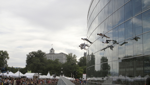 Keith Johnson | The Salt Lake Tribune

A large crowd gathers to watch as the aerial dance troupe Bandaloop performs on the side of the Salt Lake Main library on the last day of the Utah Arts Festival in Salt Lake City, June 23, 2013.