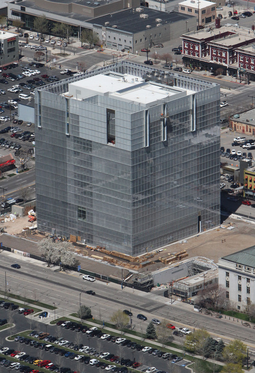 Francisco Kjolseth  |  The Salt Lake Tribune
The new Federal building shaped like a glass cube and seen in April of 2013 nears completion in downtown Salt Lake City.