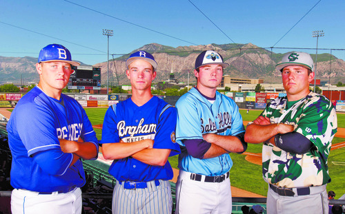 Trent Nelson  |  The Salt Lake Tribune
A portrait of the four baseball MVPs: Beaver's Sam Myers (2A), Bingham's Chase Tavonatti (5A), Salem Hill's Colton Hill (4A) and Snow Canyon's Riley Gates (3A).