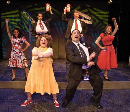 Paul Fraughton  |  The Salt Lake Tribune
Performing in this year's rendition of Salt Lake Acting Company's "Saturday's Voyeur," Eb Madson, front left in yellow dress, Justin Ivie, Kalyn West, middle left, Leah Hassett, Alexis Baigue and Jacob Johnson. Tuesday, June 18, 2013