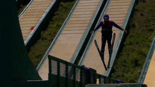 Courtesy KUED |
Salt Lake Tribune writer Brett Prettyman takes off of a ramp and into the pool during part of the n "Tramp to Ramp" freestyle ski lessons at Utah Olympic Park in June 2012. The aerial ski lessons and bobsled rides are part of The Utah Bucket List show airing on KUED-Channel 7 in August.