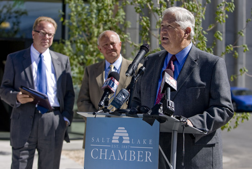 Kim Raff  |  The Salt Lake Tribune
Former LDS Presiding Bishop and current Transportation Coalition Co-Chairman H. David Burton speaks about a transportation study conducted by the Salt Lake Chamber and the Utah Transportation Coalition during a press conference on McClelland Street in Sugar House in Salt Lake City on June 24, 2013.