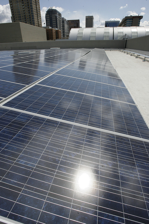 Scott Sommerdorf  |  The Salt Lake Tribune             
A solar energy array on the roof of the Salt Palace Convention Center produces 17 percent of the facility's energy needs, or enough electricity to power 228 homes for a year.
