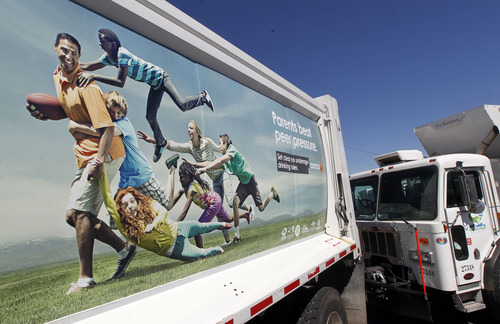 Al Hartmann  |  The Salt Lake Tribune
Forty-three garbage trucks from Wasatch Front Waste will display messages reminding parents to keep their kids alcohol free. They will be displayed on garbage trucks rolling along the Wasatch Front. Messages tell parents to set clear no underage drinking rules.