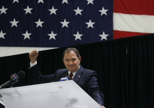 Scott Sommerdorf   |  The Salt Lake Tribune
Gov. Gary Herbert pumps his fist in response to applause after he made his announcement at a press conference at Excelis Aerostructures that the administration's goal of creating 100,000 jobs in 1,000 days is on track midway thru the challenge. The private sector has already created 63,600 jobs. In Herbert's 2012 State of the State address, he challenged the private sector to create 100,000 jobs in 1,000 days.