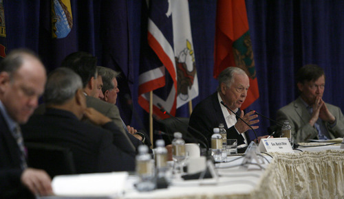 Francisco Kjolseth  |  The Salt Lake Tribune
Billionaire T. Boone Pickens, second from right, talks to the Western Governors' Association meeting being held at the Montage Deer Valley on Friday, June 28, 2013, about energy and increasing use of natural gas to reduce dependence on OPEC oil.