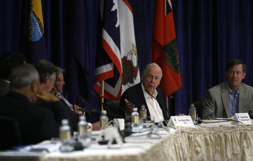 Francisco Kjolseth  |  The Salt Lake Tribune
Billionaire T. Boone Pickens, second from right, talks to the Western Governors' Association meeting being held at the Montage Deer Valley on Friday, June 28, 2013, about energy and increasing use of natural gas to reduce dependence on OPEC oil.