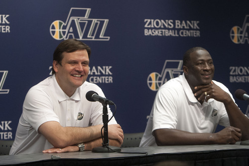 Chris Detrick  |  The Salt Lake Tribune
Jazz general manager Dennis Lindsey and Utah Jazz head coach Tyrone Corbin talk during a press conference at the Zions Bank Basketball Center during the NBA draft Thursday June 27, 2013.