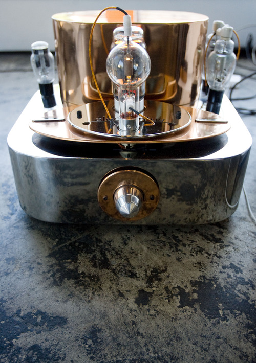 Kim Raff  |  The Salt Lake Tribune
A tube amp built by Josh Stippich is on display in the showroom of E3 Modern Hi-fi, Art and Furniture, a hi-fi stereo and art business specializing in high-end stereo systems for wealthy audiophiles around the world, in Salt Lake City on May 31, 2013.