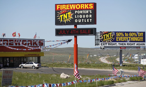 Al Hartmann  |  The Salt Lake Tribune
It's hard to miss the large fireworks sellers just of I-80 on the outskirts of Evanston, Wyoming about a mile before the Utah line.