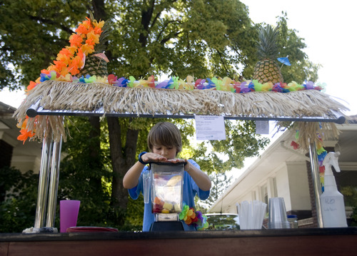 Kim Raff  |  The Salt Lake Tribune
Ben Summa blends a smoothie for a thirsty customer at his Smoothie Shack outside his home on 600 East in Salt Lake City on June 29, 2013. Utah is in the middle of a record-breaking heat wave with no cool weather relief in sight.