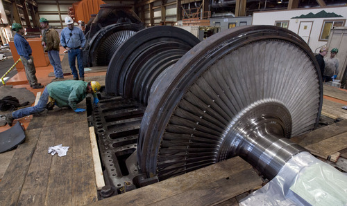 Steve Griffin | The Salt Lake Tribune

One of the turbines gets serviced inside the Intermountain Power Plant near Delta, Utah Friday April 12, 2013.