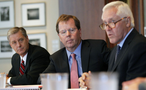 Al Hartmann  |  The Salt Lake Tribune
University of Utah Athletic Director Chris HIll, left, and Clark Ivory, Board of Trustees, listen to Alan Sullivan, investigator for Snell & Wilmer, present results of investigation of former University of Utah swim coach Greg Winslow in a press conference in Salt Lake City Tuesday July 2.