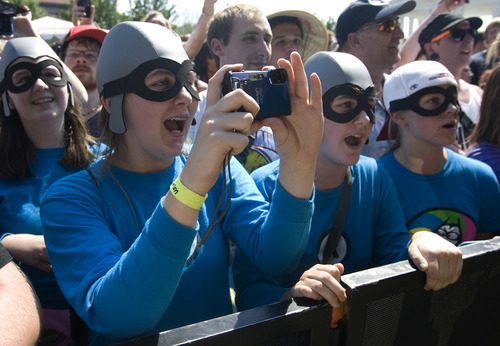Rick Egan  | The Salt Lake Tribune 

Aquabat fans on the front row for the Aquabats performance at the Vans Warped Tour, at the Utah State Fairgrounds, Saturday, June 29, 2013.